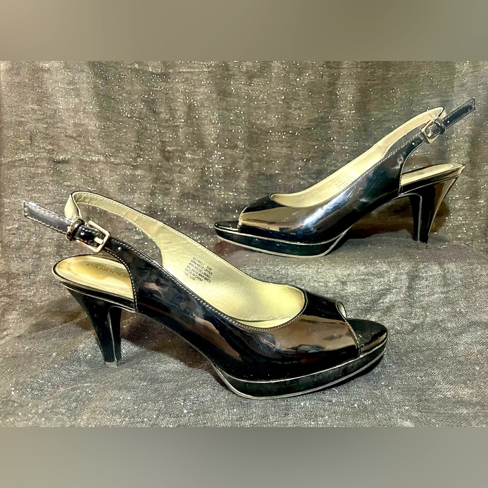 Patent faux leather heels